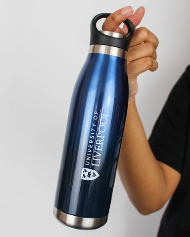 Crested blue metal water bottle